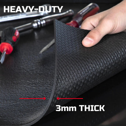 Heavy Duty Tool Box Liner 14 Inch Wide By 20 Feet Thick Non Slip Drawer Foam Mat For Rolling Tool Chest Cabinet Shelf Protector Black Rubber Mat For Workbench Keeps Tools From Scratching Spills And Dings close-up view.