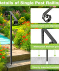 Heavy Duty Black Wrought Iron Single Step Handrail Rust Resistant In Ground Stair Railing For Porches And Decks, curly non-slip design in garden.