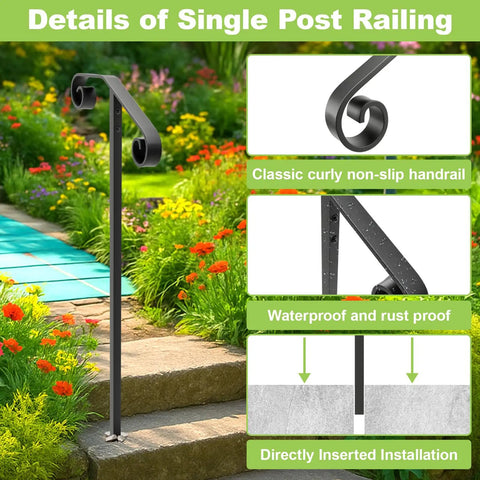 Heavy Duty Black Wrought Iron Single Step Handrail Rust Resistant In Ground Stair Railing For Porches And Decks, curly non-slip design in garden.