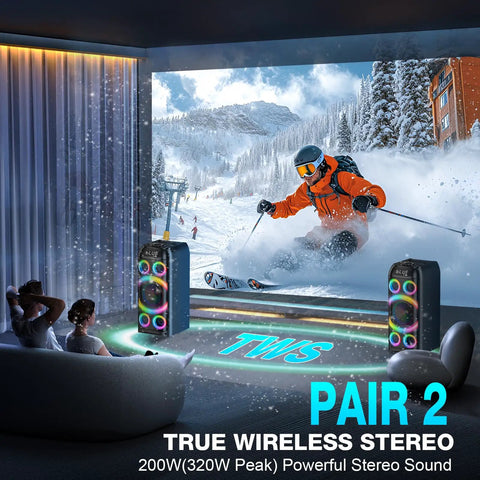 200W (320W Peak) stereo speakers with TWS pairing in living room, displaying 160W Peak Bluetooth Party Speaker With Deep Bass.
