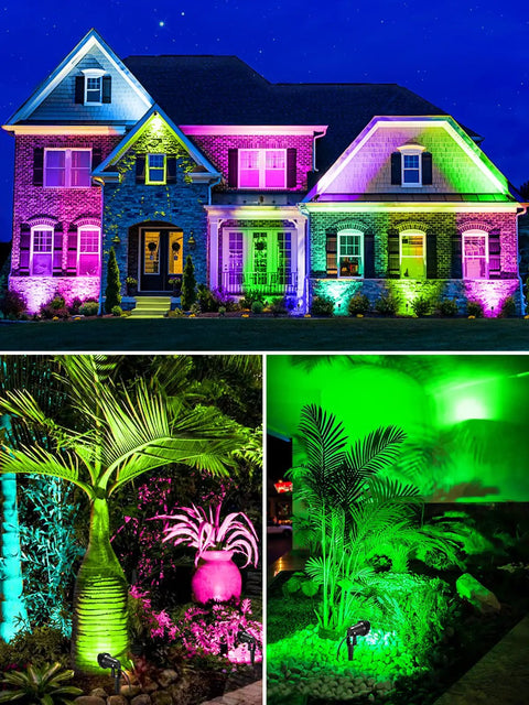 House and garden illuminated with 12W RGB Low Voltage Landscape Lights Kit With Dimmable Color Changing Outdoor Spotlights IP66 Waterproof 12V 24V Compatible For Yard Garden Pathway Vibe Deck Christmas Decor 12 Pack