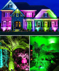 Vibrant night scene featuring a house and garden illuminated by 6W RGB LED Landscape Lights With Remote Control, 12V/24V.