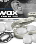 Wax Ear Plugs For Sleep And Swim, silicone earplugs in packaging, open case showing soft gel ear plugs, keychain attached