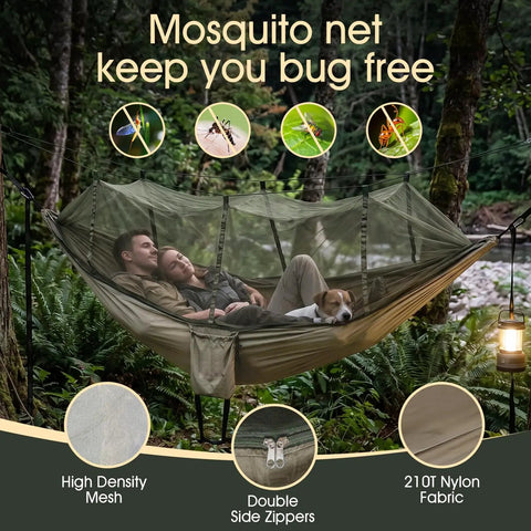 Heavy Duty Camping Hammock With Built-In Mosquito Net, 500 Lb Capacity, outdoor setup with couple and dog inside