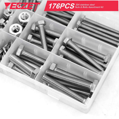 176 Piece Heavy Duty Bolts and Nuts Set in 304 Stainless Steel M6 M8 M10 Includes 8 Most Common Sizes for DIYers and Auto Pros Built To Last Hex Bolts and Nuts Kit inside organizer