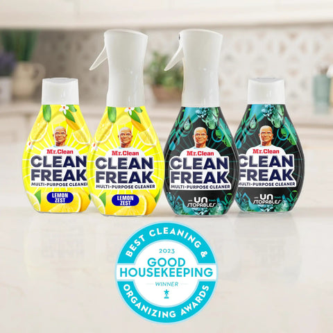 Clean Freak Multi Surface Cleaning Spray Starter Kit With Deep Cleaning Mist And Refill Bundle, Unstopables Fresh Scent, 64 Fl Oz Total displayed on a kitchen counter.