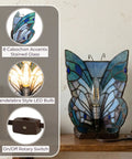 Handcrafted Stained Glass Butterfly Lamp With LED Bulb Included, Desk And Table Light For Bedroom Or Living Space, Colorful Vintage Vibe Decor, Beautiful Glass Art Accent with 8 cabochon accents and stained glass wings.