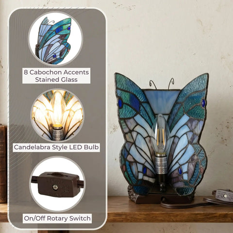Handcrafted Stained Glass Butterfly Lamp With LED Bulb Included, Desk And Table Light For Bedroom Or Living Space, Colorful Vintage Vibe Decor, Beautiful Glass Art Accent with 8 cabochon accents and stained glass wings.