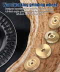 All In One Pro Grade Wood Carving Disc Kit For Angle Grinders, Five Piece Set with 5/8 Inch Arbor, wood discs on table