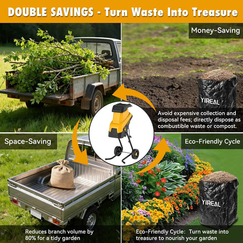 Image showing the Upgraded 3-Blade Electric Wood Chipper With 15 Amp Motor Cuts Branches Up To 1.8 Inches, highlighting its benefits.