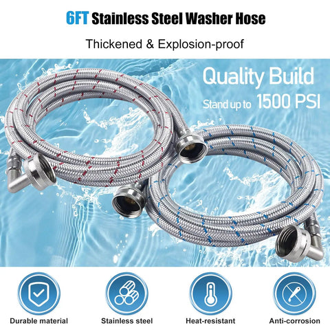 Six Foot Premium Stainless Steel Washer Hoses With 90 Degree Elbow No Lead Burst Proof Three Quarter Inch NPT Connection