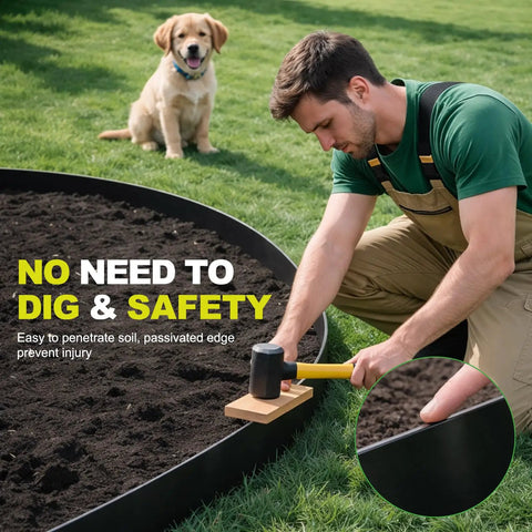 Person hammering Heavy Duty Metal Landscape Edging Kit 33 Ft Total With 40 In By 6.5 In Steel Border 10 Stakes Pro Grade Rustproof and Weather Resistant for garden.
