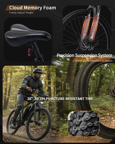 Mountain Electric Bike For Adults With 500W Peak Motor And Cadence Sensor 50 Mile Range 374Wh 36V 10400mAh UL 2849 Certified Battery on forest trail
