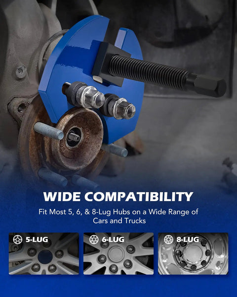 5 Ton Hydraulic Bearing Puller And Hub Removal Tool Kit showing compatibility with 5, 6, and 8-lug hubs for varied vehicles