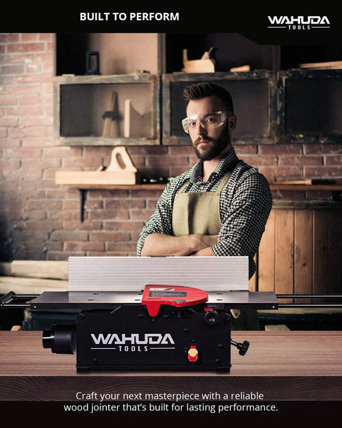 Heavy Duty 10 Inch Benchtop Wood Jointer Featuring Spiral Cutterhead And Cast Iron Table With Pull Out Extensions Plus Four Sided Carbide Inserts For Zero Hassle Smooth Finishes in a workshop, showcasing setup and tools.