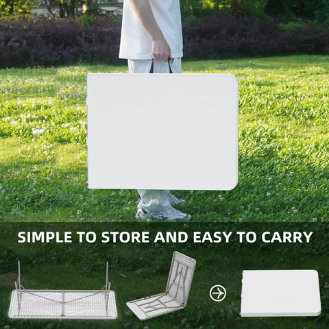 Person carrying Six Foot Folding Table For Indoor And Outdoor Use Your Go To Portable Plastic Dining Table With Carrying Handle