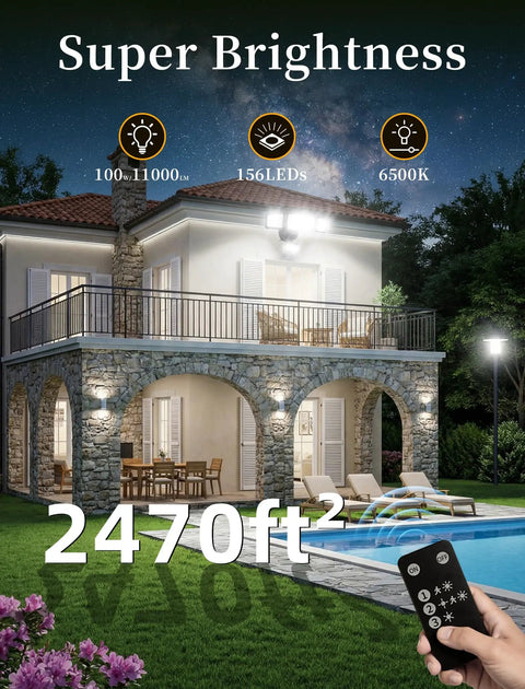 Hella Bright 100W Led Flood Light With Killer Motion Sensor Dusk To Dawn 11000 Lumens Triple Head Adjustable Outdoor Security Fixture IP66 Waterproof Remote Controlled For Yard Garage Patio