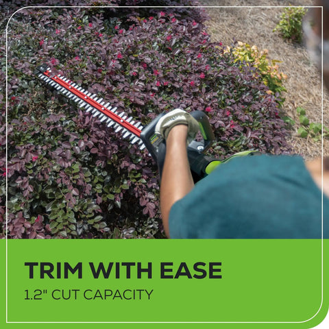 Person using 80V Brushless Hedge Trimmer With 26 Inch Dual Action Blades Long Reach Yard Tool Includes 2Ah Battery And 2A Charger