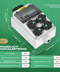 Go-To 110V IP65 Weatherproof Breaker Box With NEMA 5-20 Outlet dimensions and electrical parameters chart on display.