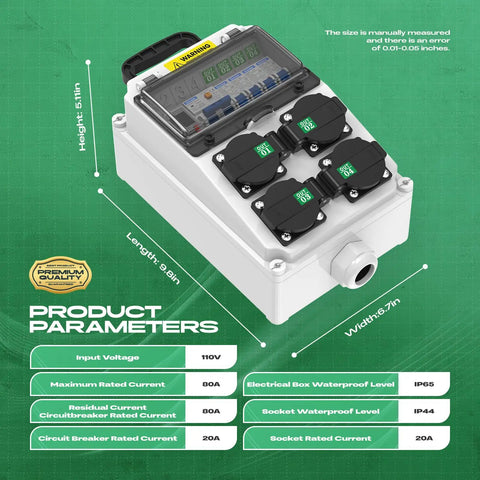 Go-To 110V IP65 Weatherproof Breaker Box With NEMA 5-20 Outlet dimensions and electrical parameters chart on display.