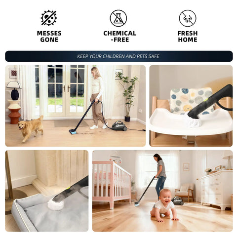 Heavy Duty Steam Cleaner For Home 1500W High Pressure Canister Steamer used to clean floors and high chair in safe environments.