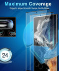 Galaxy S22 Ultra Screen Protector And Lens Guard Bundle, 2 screen protectors shown over phone, HD tempered glass, anti scratch