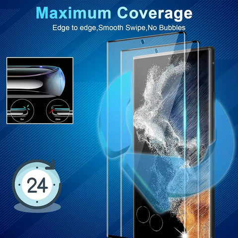Galaxy S22 Ultra Screen Protector And Lens Guard Bundle, 2 screen protectors shown over phone, HD tempered glass, anti scratch