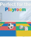 Interlocking EVA Foam Floor Tiles 8 Pack, 32 Sq Ft Kid Friendly Playroom And Home Gym Padding, multicolor setup in playroom.