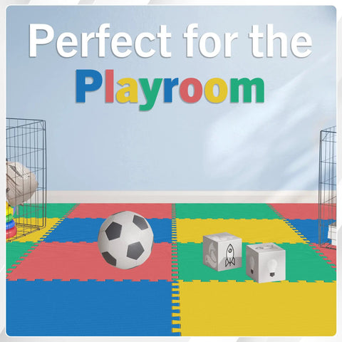 Interlocking EVA Foam Floor Tiles 8 Pack, 32 Sq Ft Kid Friendly Playroom And Home Gym Padding, multicolor setup in playroom.