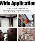 Examples of clotheslines and decorations hanging outside using eyebolts for wide application.