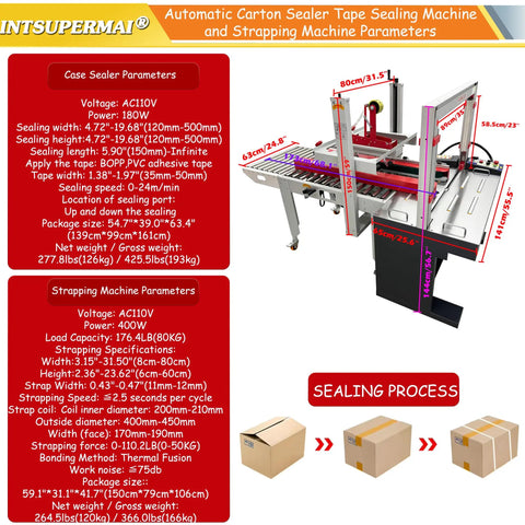 Automatic Carton Sealer And Strapper All In One Box Packing Station with parameters chart and sealing process illustration.