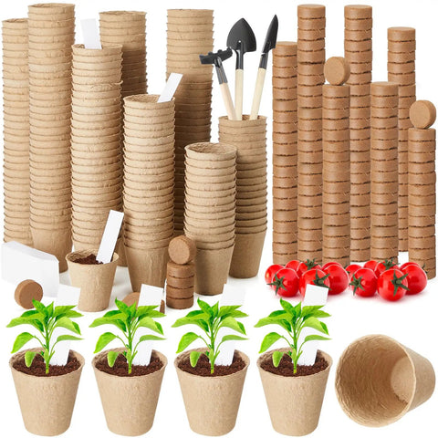 600 Piece Bulk Seed Starter Pots Kit With 2.36 Inch Seedling Pots And 1.18 Inch Coir Fiber Grow Soil, Planting Labels And Trowel Set