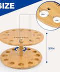 360 Degree Rotating Bamboo Fishing Rod Holder Floor Stand That Holds Up To 12 Rods showing dimensions and hole sizes