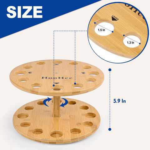 360 Degree Rotating Bamboo Fishing Rod Holder Floor Stand That Holds Up To 12 Rods showing dimensions and hole sizes