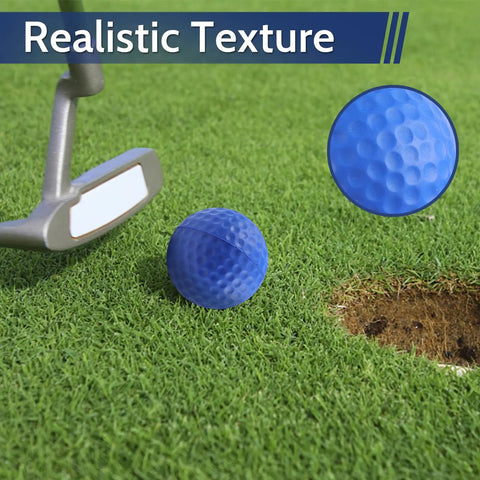 Soft Foam Golf Balls For Backyard Practice 41mm realistic feel shown on grass with putter and golf hole