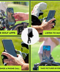 Magnetic Phone Holder For Golf Push Cart With Rangefinder Strap, MagStack Microfiber Towel, Club Brush And Tile in use on golf course