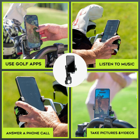 Magnetic Phone Holder For Golf Push Cart With Rangefinder Strap, MagStack Microfiber Towel, Club Brush And Tile in use on golf course