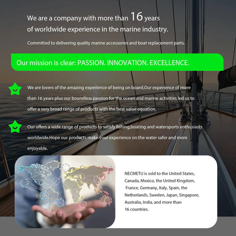An informative poster showcasing 16 years of marine industry experience with a focus on passion, innovation, and excellence.