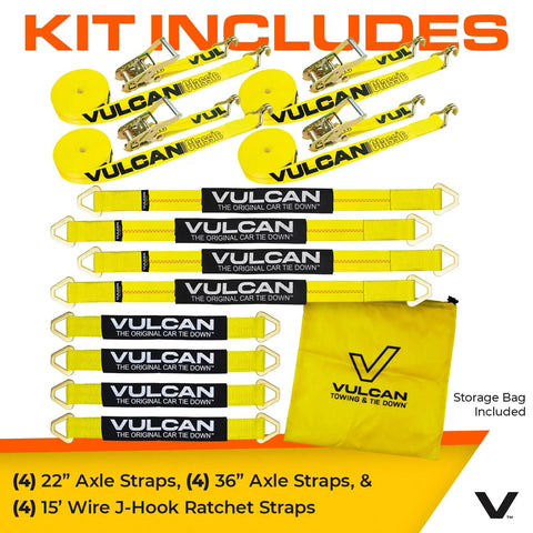 Complete Axle Strap Tie Down Kit With Wire Hook Ratchet Straps In Classic Yellow, 22in and 36in Axle Straps, 15ft J Hook Straps.