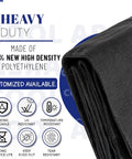 Open Weave Shade Cloth Mesh Tarp With Grommets 6x8 Ft Heavy Duty All Purpose Backyard Shade For Patio Garden Porch Greenhouse Pools Dog Kennel Black 60 To 70 Percent Shade Lets Air Through Keeps Bugs Out, folded view, made of high density polyethylene, heavy duty features displayed.