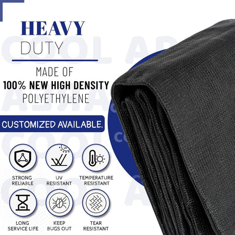 Open Weave Shade Cloth Mesh Tarp With Grommets 6x8 Ft Heavy Duty All Purpose Backyard Shade For Patio Garden Porch Greenhouse Pools Dog Kennel Black 60 To 70 Percent Shade Lets Air Through Keeps Bugs Out, folded view, made of high density polyethylene, heavy duty features displayed.