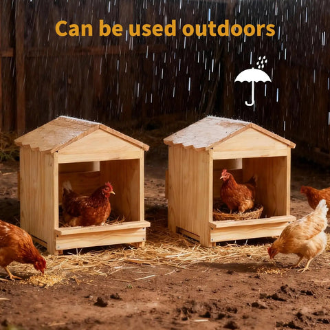 Two wooden versatile portable chicken nesting boxes with detachable ramp for indoor outdoor use with hens, wall mount or ground setup.