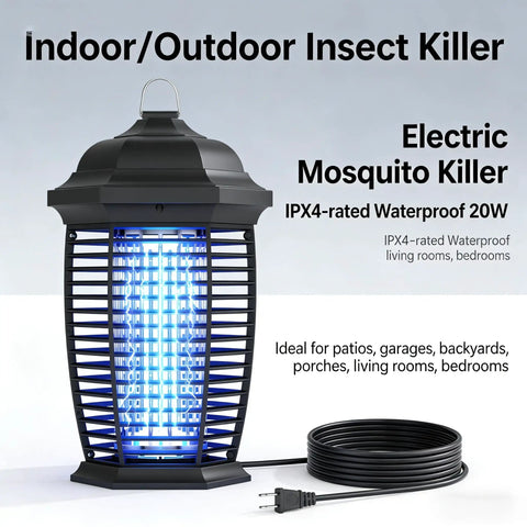 Powerful 20W 4200V Electric Bug Zapper For Indoor Outdoor Use With IPX4 Waterproof Design And 6 Foot Cord For Patio Garage Backyard Mosquitoes Flies Moths Wasps And More
