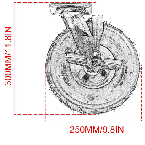 Heavy Duty Rubber Swivel Caster Wheels With Grip Lock Brakes Ultra Slick Trolley Casters, 11.8" diameter wheel with brake lever.