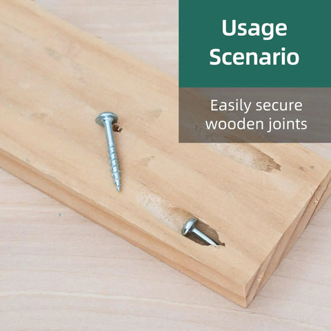 Pocket Hole Screws Kit 95Pcs With 150mm Drill Bit shown securing wooden joints on a board, illustrating use for DIY projects.