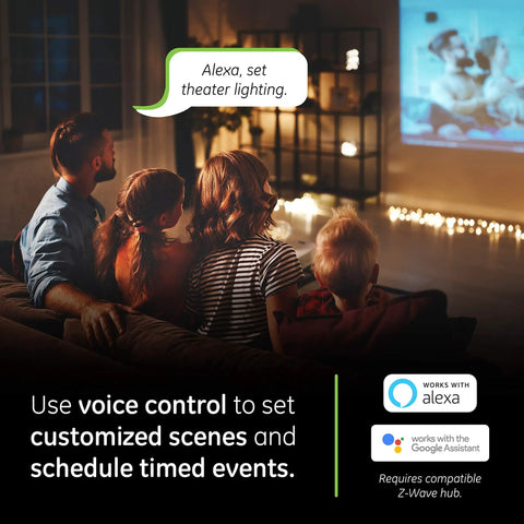 Family using Z Wave Smart Rocker Light Dimmer Kit With QuickFit And SimpleWire 3 Way with Alexa for theater lighting