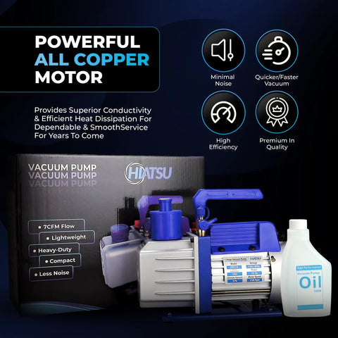 Hiatsu 7 CFM automotive AC vacuum pump, blue and silver metal body, with oil bottle