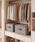 Top Shelf Washable Fabric Storage Bins With Zippered Lids And Sturdy Faux Handles Houndstooth Pattern in closet with clothes.