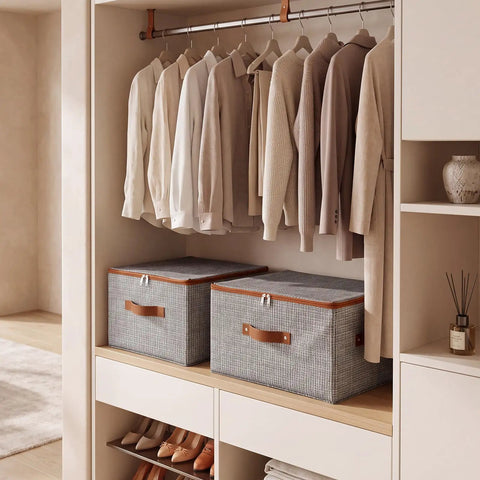 Top Shelf Washable Fabric Storage Bins With Zippered Lids And Sturdy Faux Handles Houndstooth Pattern in closet with clothes.