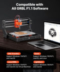 3-Axis CNC Router Machine For Wood And Acrylic Engraving And Milling With A Beefed-Up 60W Spindle, 300 X 180 X 40 mm Working Area, Aluminum Alloy Frame, Rotary Knob, High Precision 0.07 mm Repeatability And Sturdy 4 Cm Base shown with laptop.